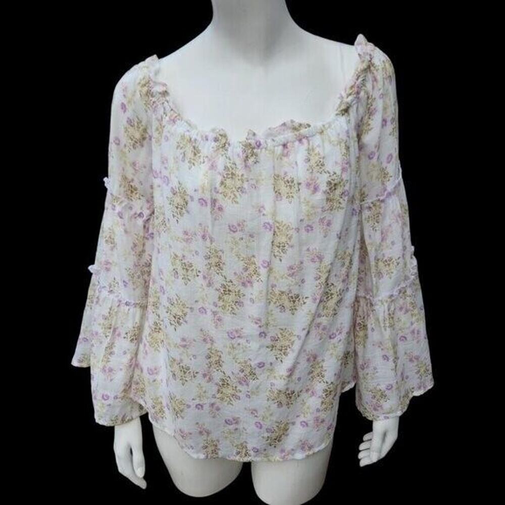 Rue21 Ivory‎ Purple Floral Blouse Size S Off-The-Shoulder Bell Sleeves Lined